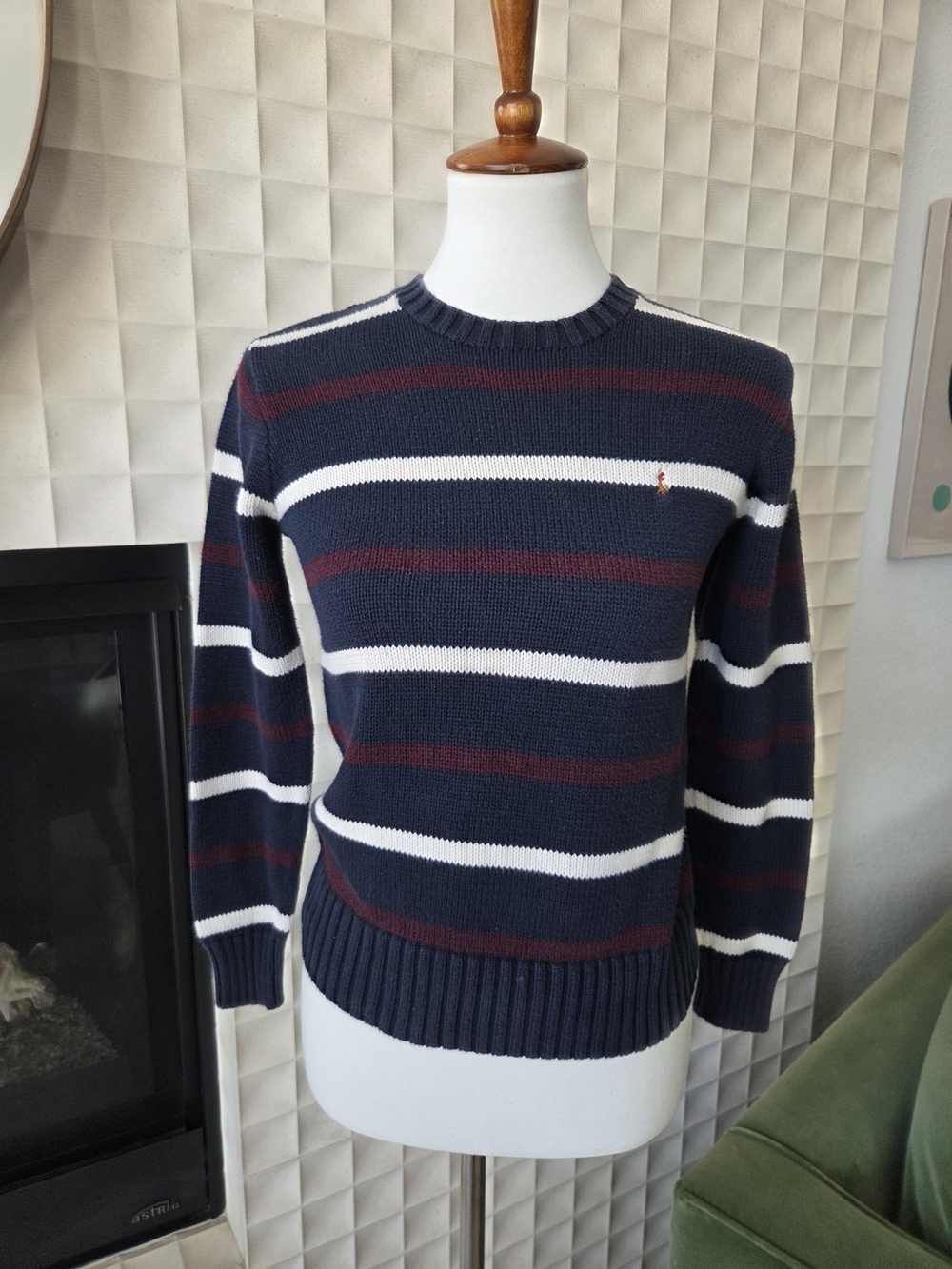Vintage Polo Ralph Lauren 100% Cotton Sweater Preppy Navy Stripe Crewneck Medium